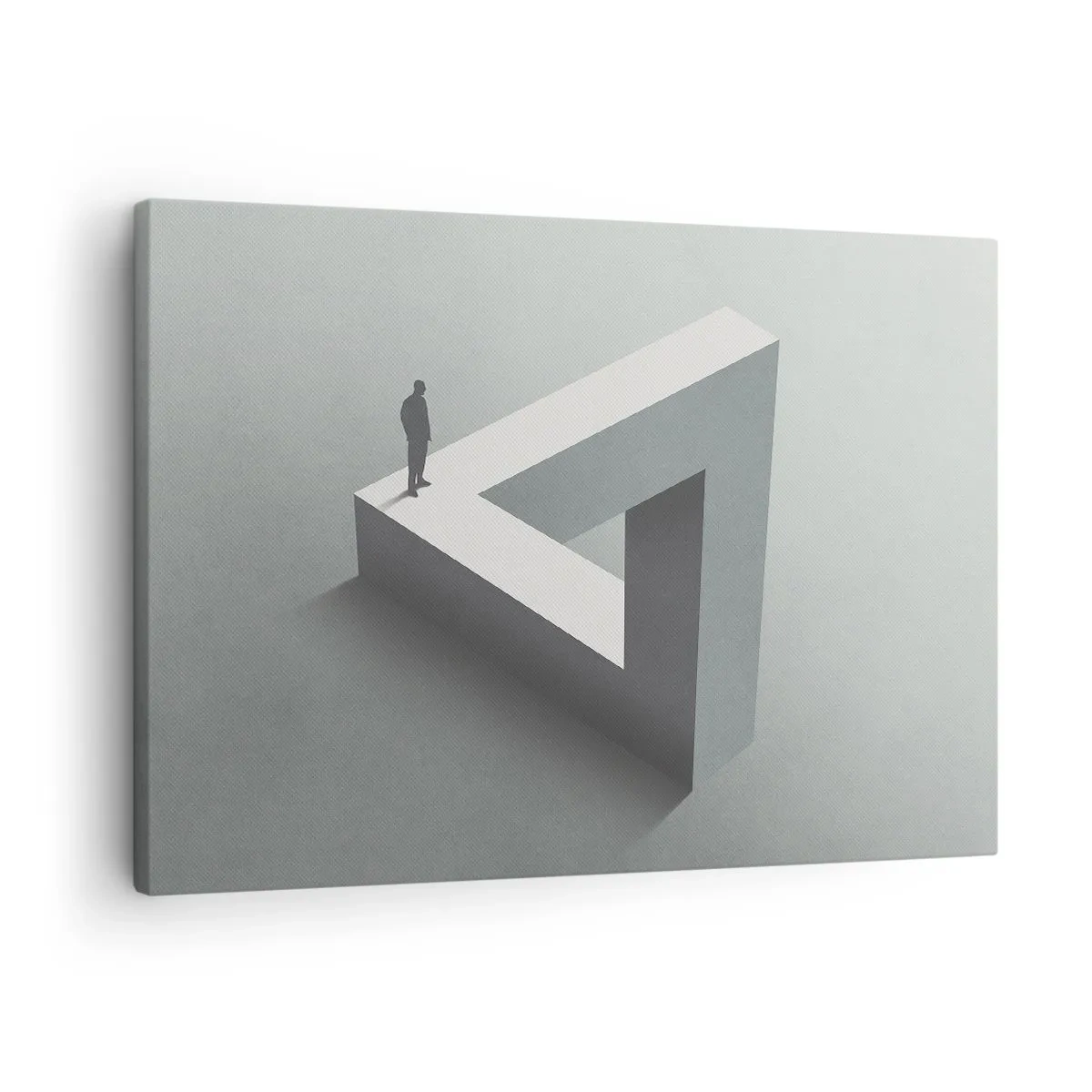 Canvas picture - A figure standing on a Penrose triangle in shades of gray. - 70x50cm - And Yet It Is Possible - Modern wall decoration for the living room and bedroom ARTTOR
