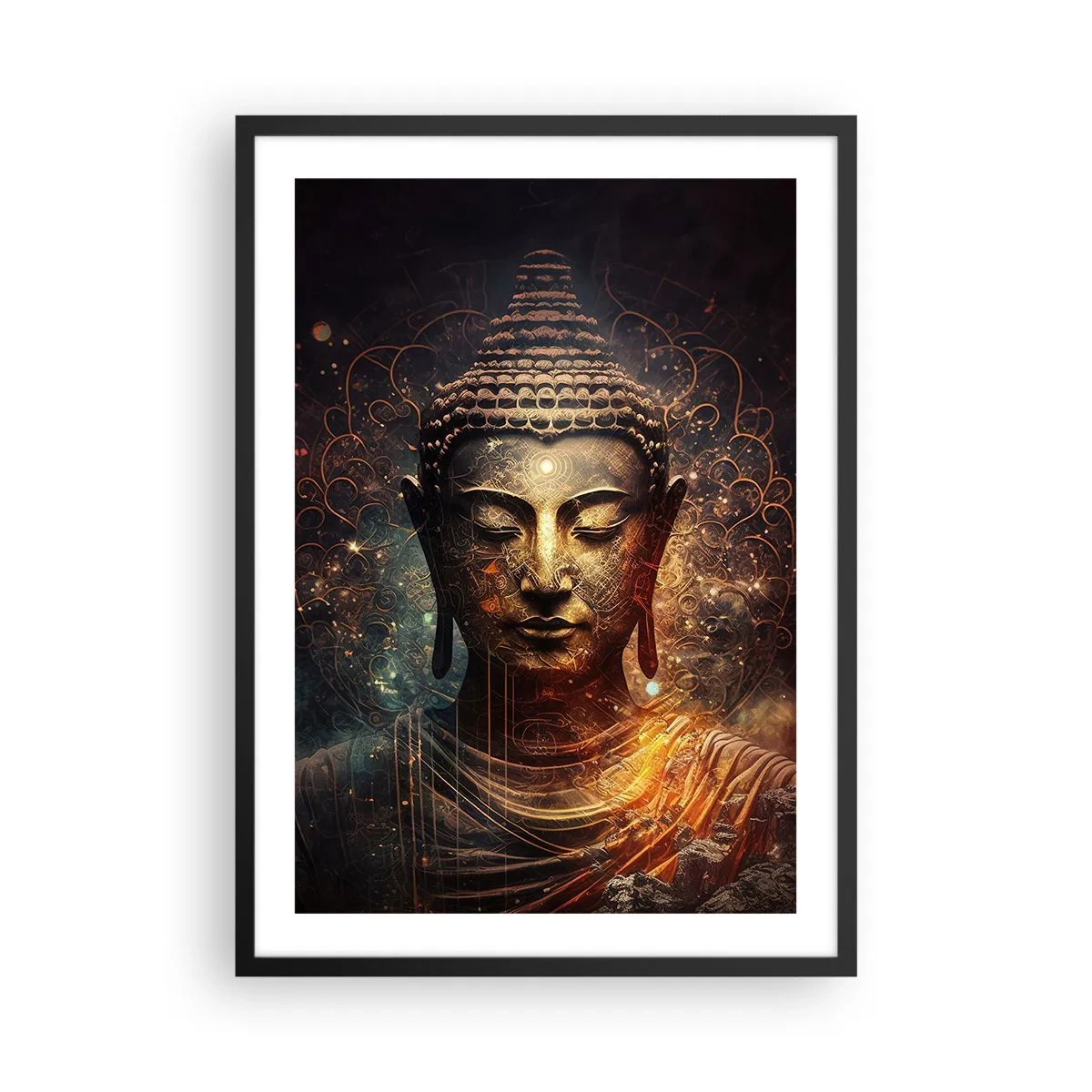 Poster in black frame - Mystical image of Buddha in golden shades - 50x70cm - Spiritual Balance - Modern wall decoration for the living room and bedroom ARTTOR