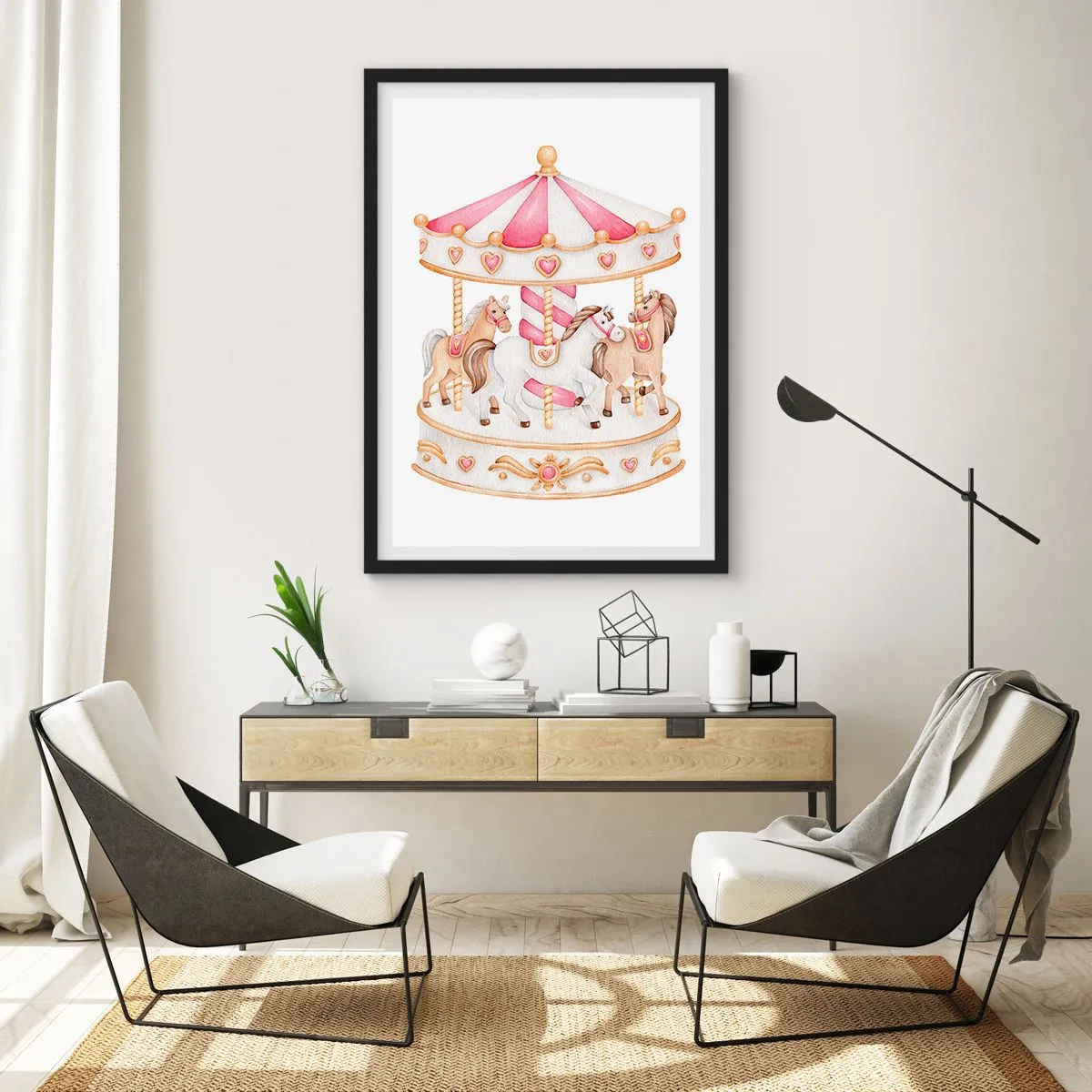Poster in black frame - Watercolor carousel in pastel shades of pink - 50x70cm - Sweet World of Childhood - Modern wall decoration for the living room and bedroom ARTTOR