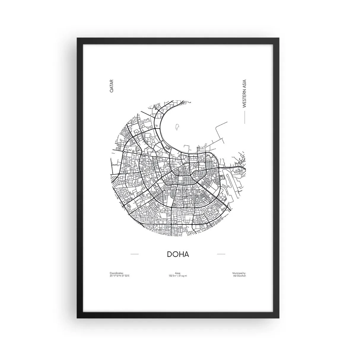 Poster in black frame - A minimalist black and white map of Doha - 50x70cm - Anatomy of Doha - Modern wall decoration for the living room and bedroom ARTTOR