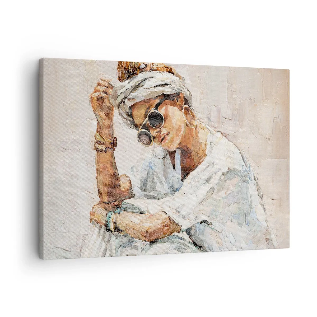 Canvas picture - Portrait of a woman wearing sunglasses against a light wall - 70x50cm - Portrait in Full Sun - Modern wall decoration for the living room and bedroom ARTTOR