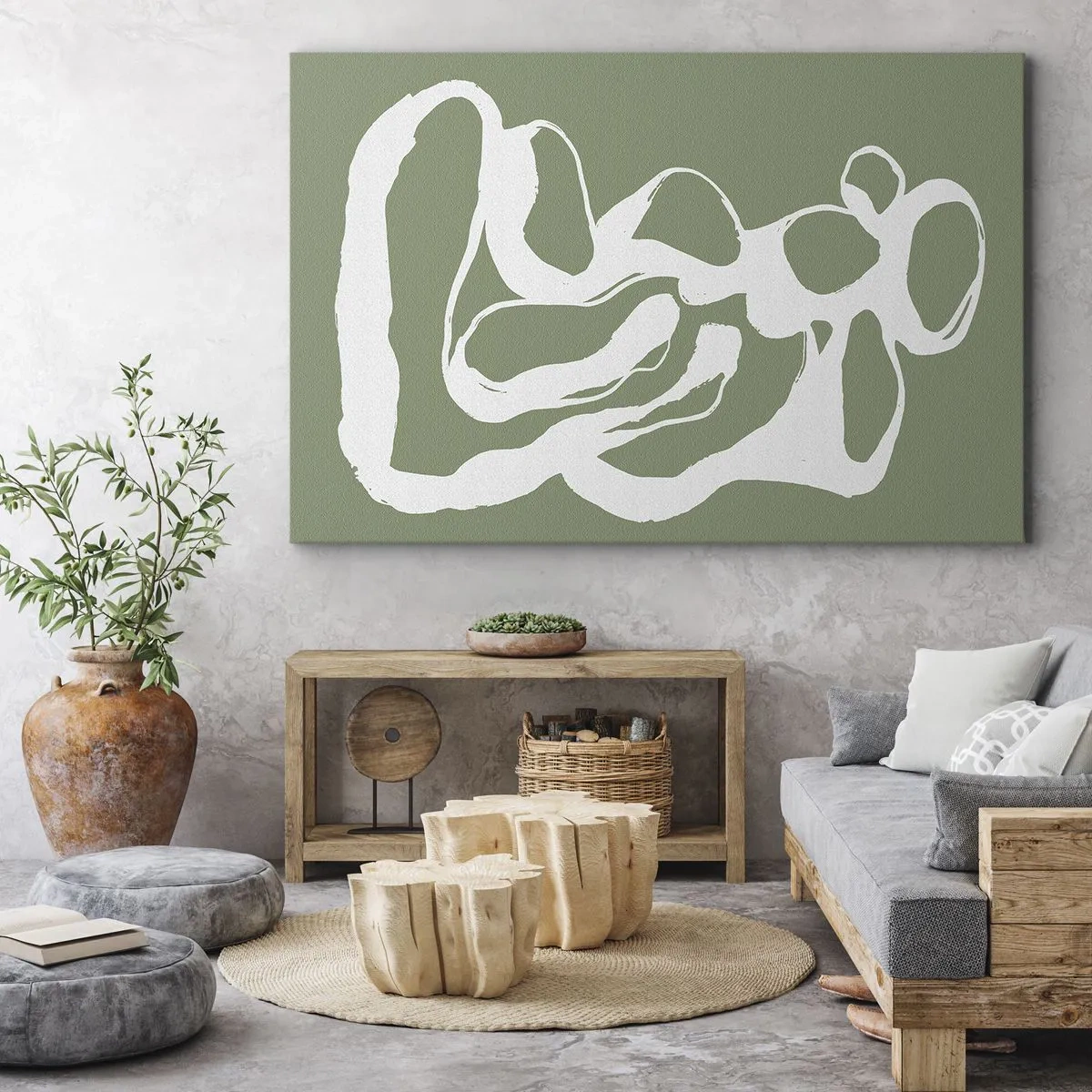 Canvas picture - Organic shapes in white on a green background - 70x50cm - The Call of Space - Modern wall decoration for the living room and bedroom ARTTOR