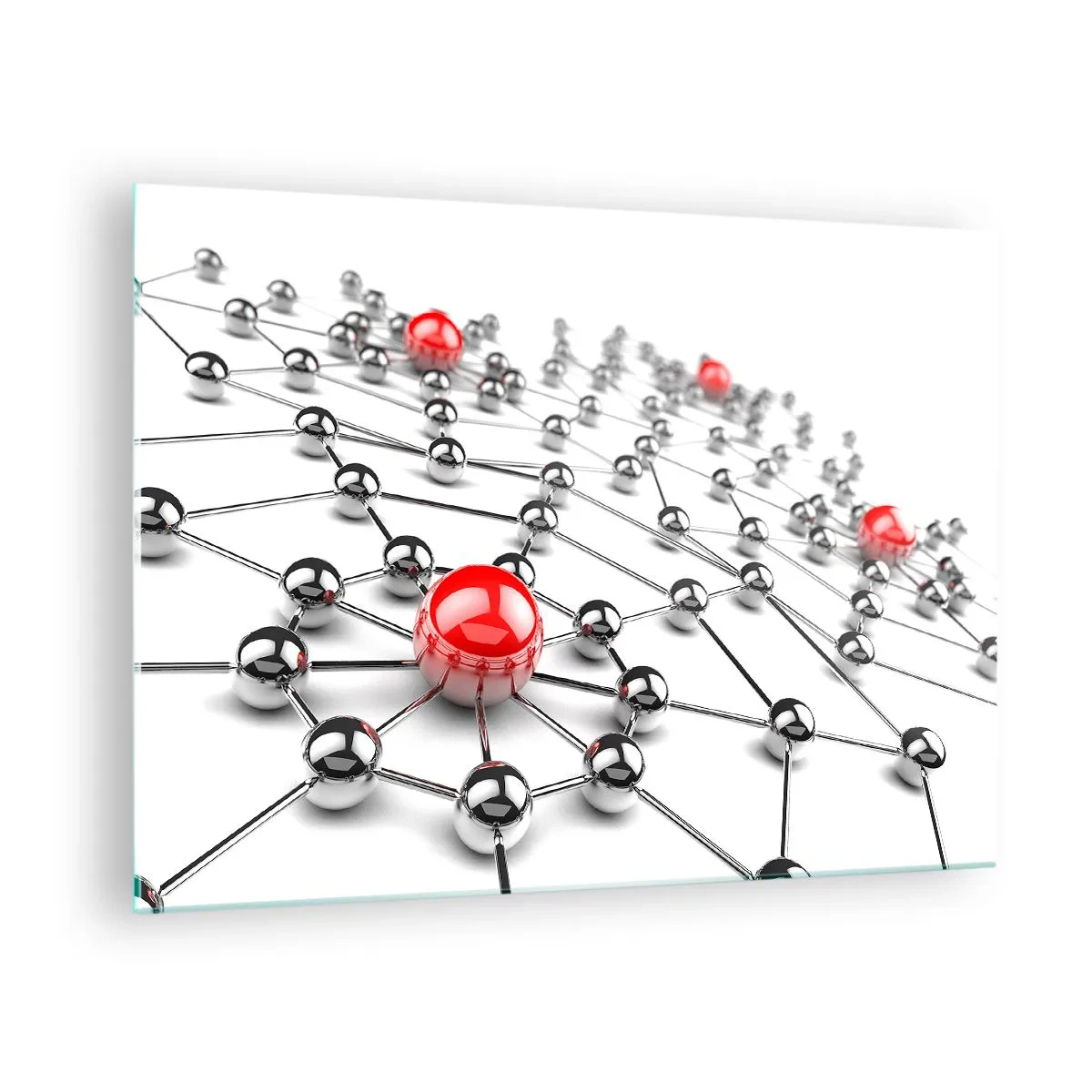 Glass picture - Silver molecular network with red accents - 70x50cm - Silver Net - Modern wall decoration for the living room and bedroom ARTTOR