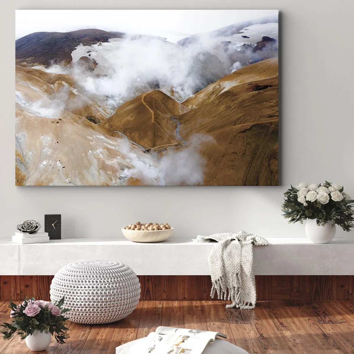 Canvas picture - A mountain landscape with steam in a harsh climate - 70x50cm - Severe Beauty of Iceland - Modern wall decoration for the living room and bedroom ARTTOR