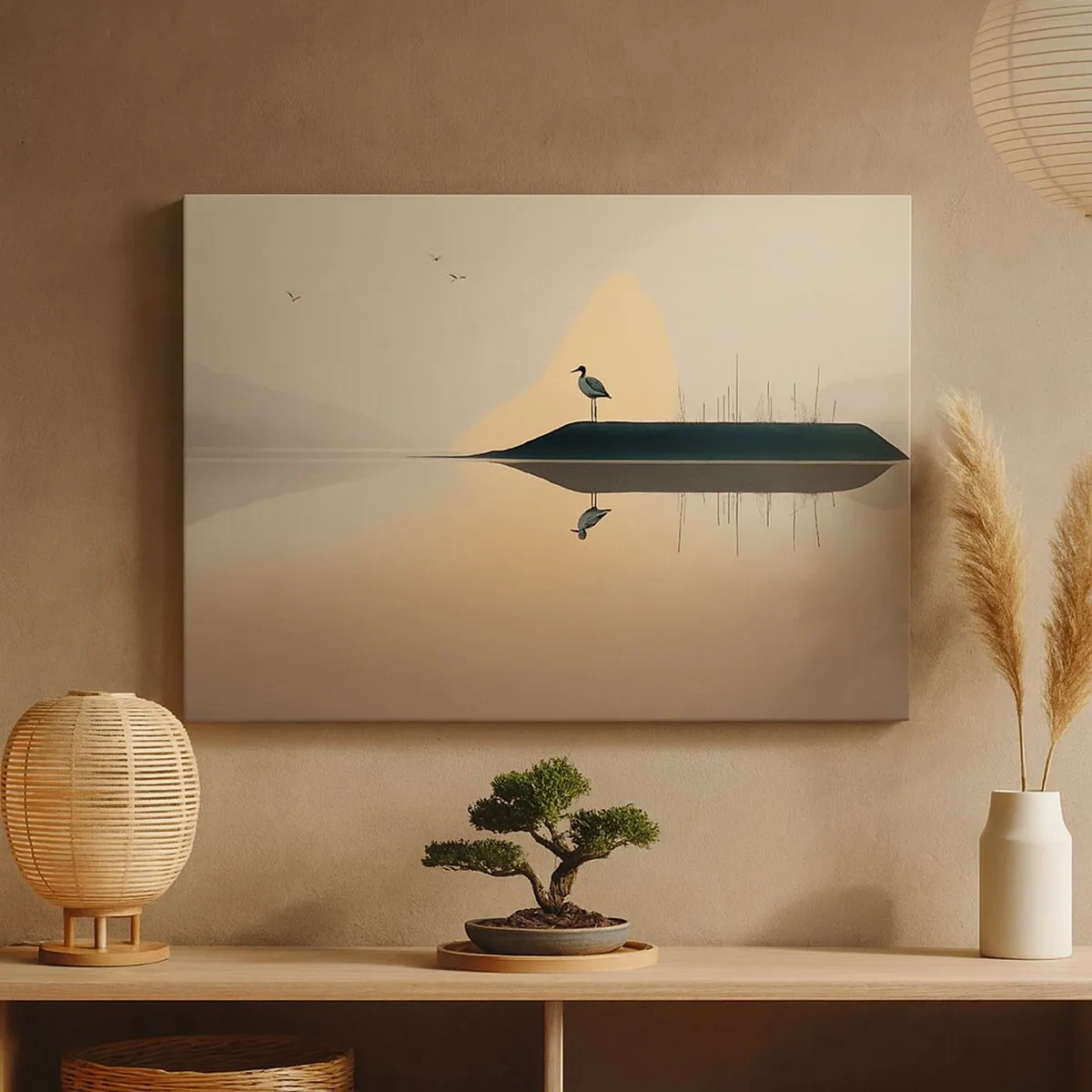 Canvas picture - A bird on an island in a calm lake with warm hues - 70x50cm - Gentleman on the Lake - Modern wall decoration for the living room and bedroom ARTTOR