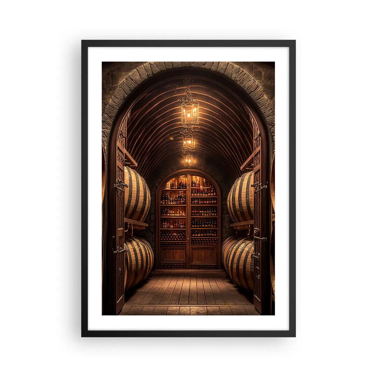 Poster in black frame - Elegant wine cellar with wooden barrels - 50x70cm - Atmospheric Cellar - Modern wall decoration for the living room and bedroom ARTTOR