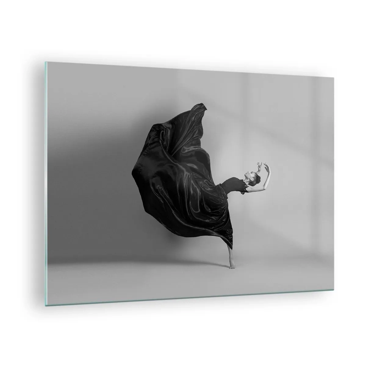 Glass picture - A dancer in a black dress floating dynamically in the air - 70x50cm - On the Wings of Music - Modern wall decoration for the living room and bedroom ARTTOR