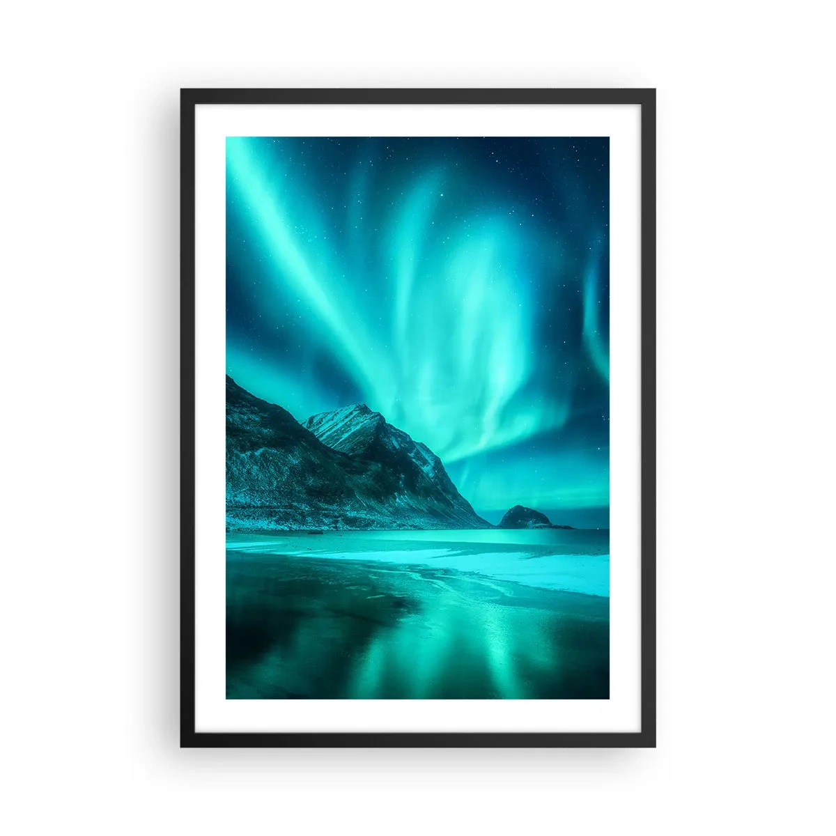 Poster in black frame - A photographic shot of the aurora borealis over a mountainous landscape - 50x70cm - Miracles of the North - Modern wall decoration for the living room and bedroom ARTTOR