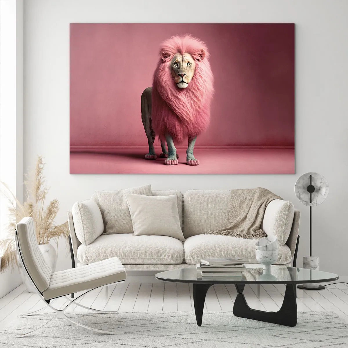 Glass picture - A lion with a pink mane against a pastel wall - 70x50cm - And You're Not Scared Anymore - Modern wall decoration for the living room and bedroom ARTTOR