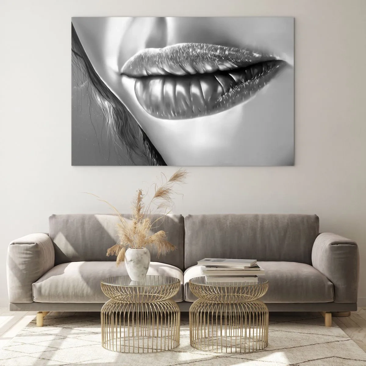 Glass picture - Sensual feminine lips in monochromatic tones - 70x50cm - I Know What You Are Thinking - Modern wall decoration for the living room and bedroom ARTTOR