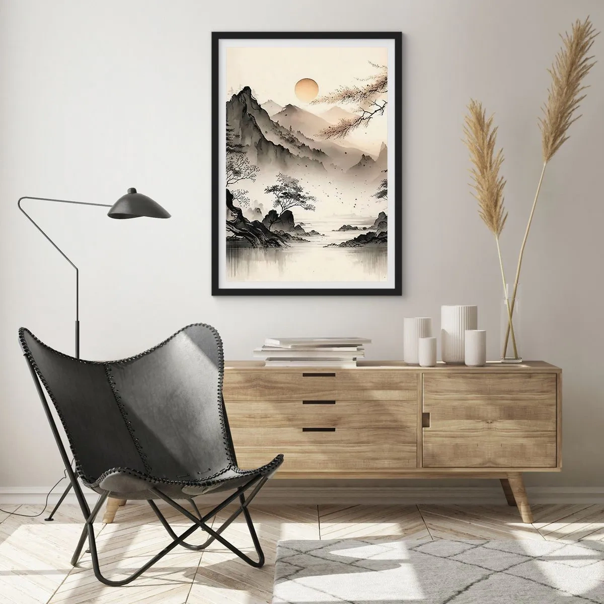 Poster in black frame - minimalist Japanese-style mountain landscape - 50x70cm - Unique Charm of the Orient - Modern wall decoration for the living room and bedroom ARTTOR
