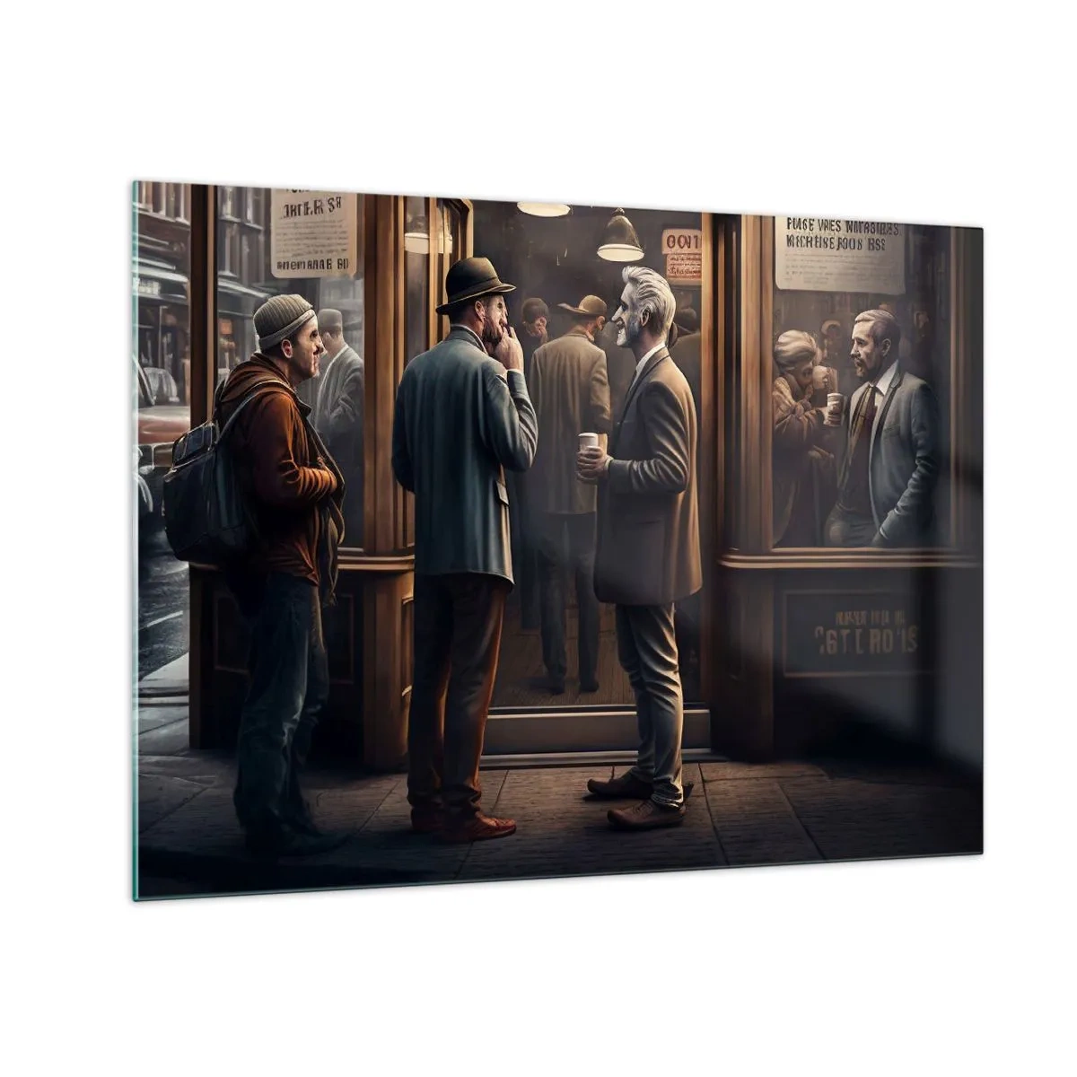 Glass picture - Men chatting outside a cafe in a retro urban setting - 70x50cm - Good Time of the Day - Modern wall decoration for the living room and bedroom ARTTOR
