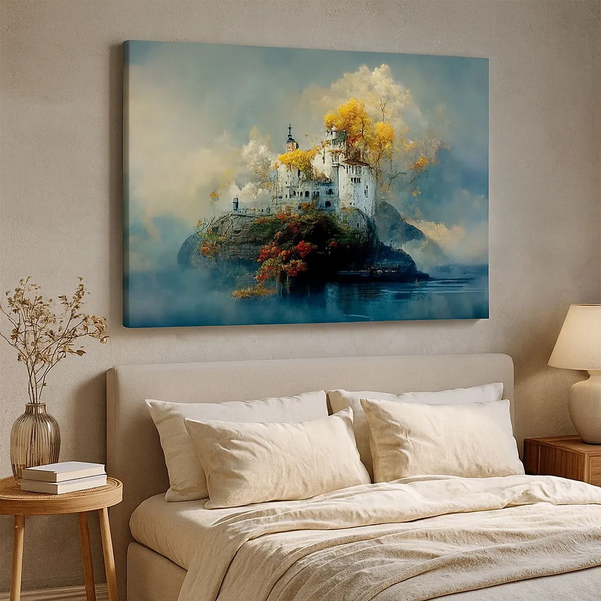 Canvas picture - A castle on a hill surrounded by autumn trees - 70x50cm - Beginning of a Romantic Tale - Modern wall decoration for the living room and bedroom ARTTOR