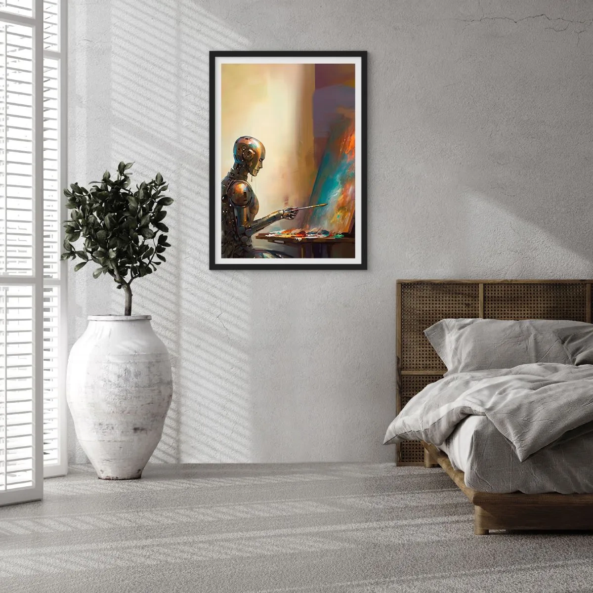 Poster in black frame - Robot painter at an easel in a futuristic style - 50x70cm - Art of the Future - Modern wall decoration for the living room and bedroom ARTTOR