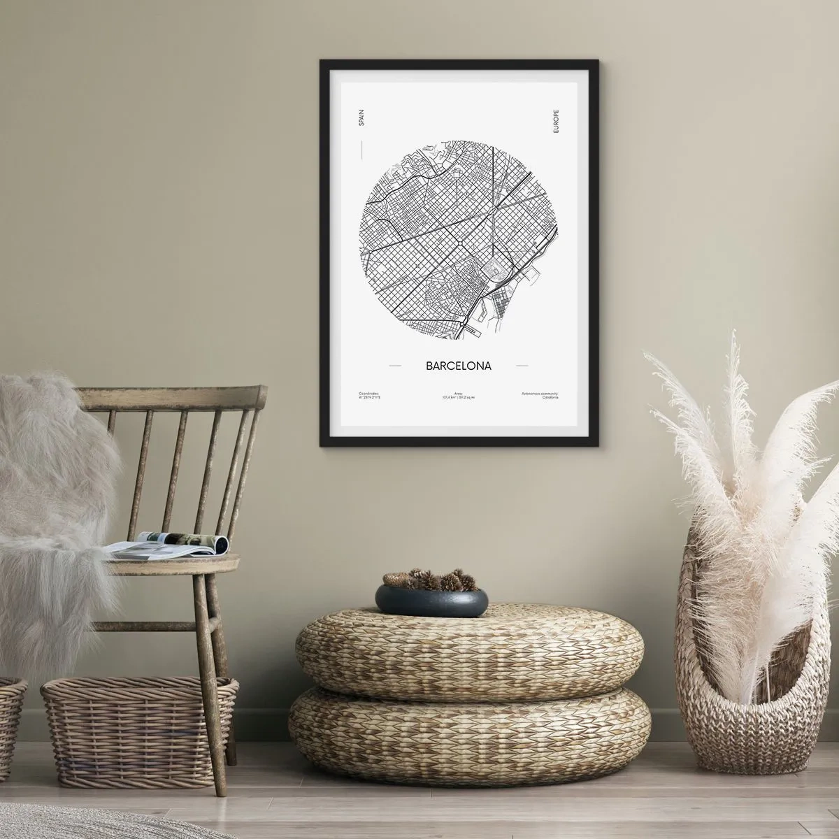 Poster in black frame - A minimalist map of Barcelona in black and white. - 50x70cm - Anatomy of Barcelona - Modern wall decoration for the living room and bedroom ARTTOR