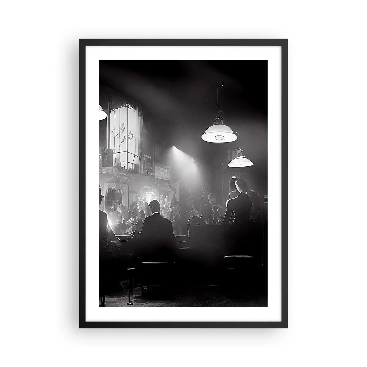 Poster in black frame - A black and white scene from an atmospheric jazz nightclub - 50x70cm - In Jazz Ambiance - Modern wall decoration for the living room and bedroom ARTTOR