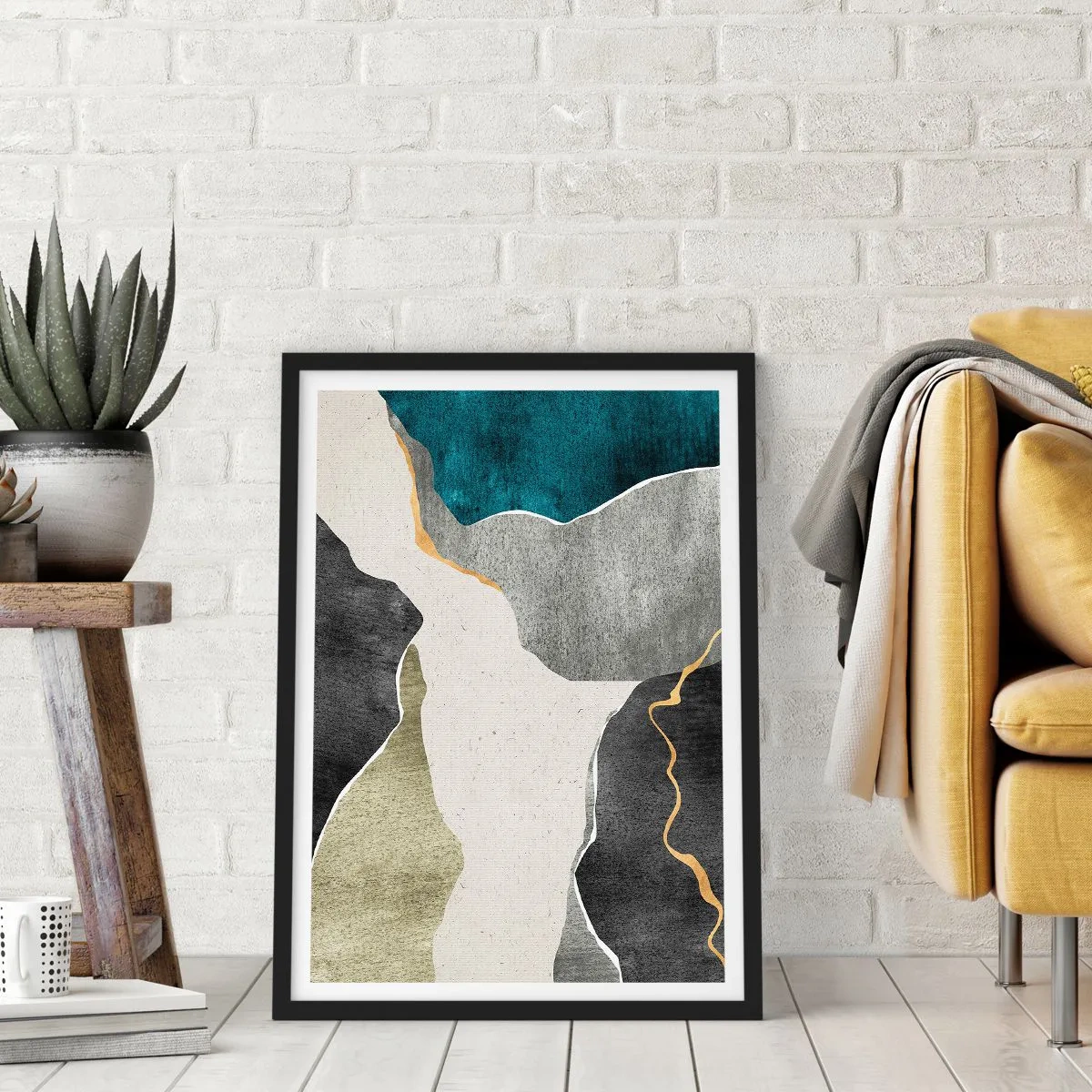 Poster in black frame - Abstract composition with geometric shapes - 50x70cm - Mosaic Composition with a Gold Thread - Modern wall decoration for the living room and bedroom ARTTOR