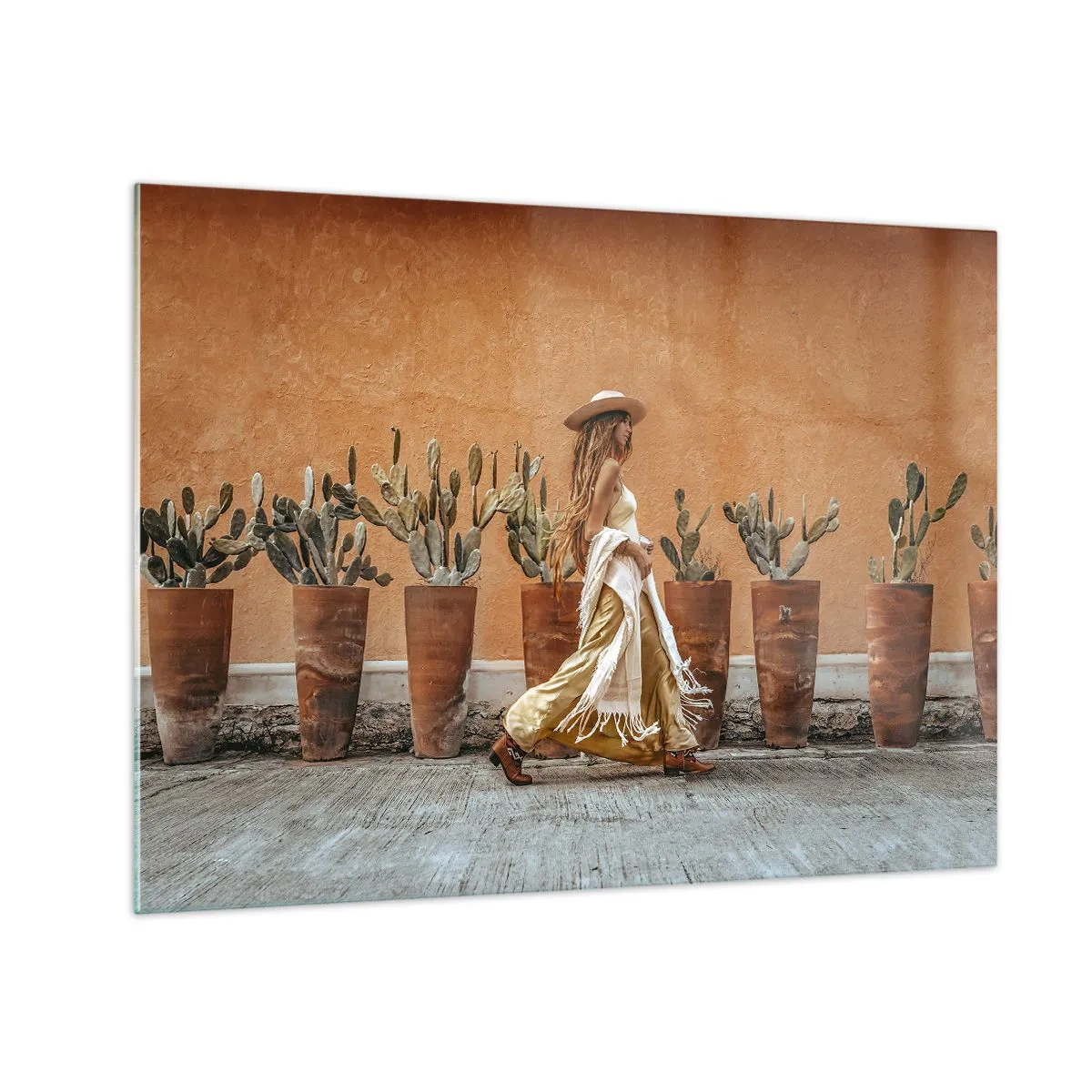 Glass picture - A boho-style woman walking by pots of cacti. - 70x50cm - Hippie Style - Modern wall decoration for the living room and bedroom ARTTOR