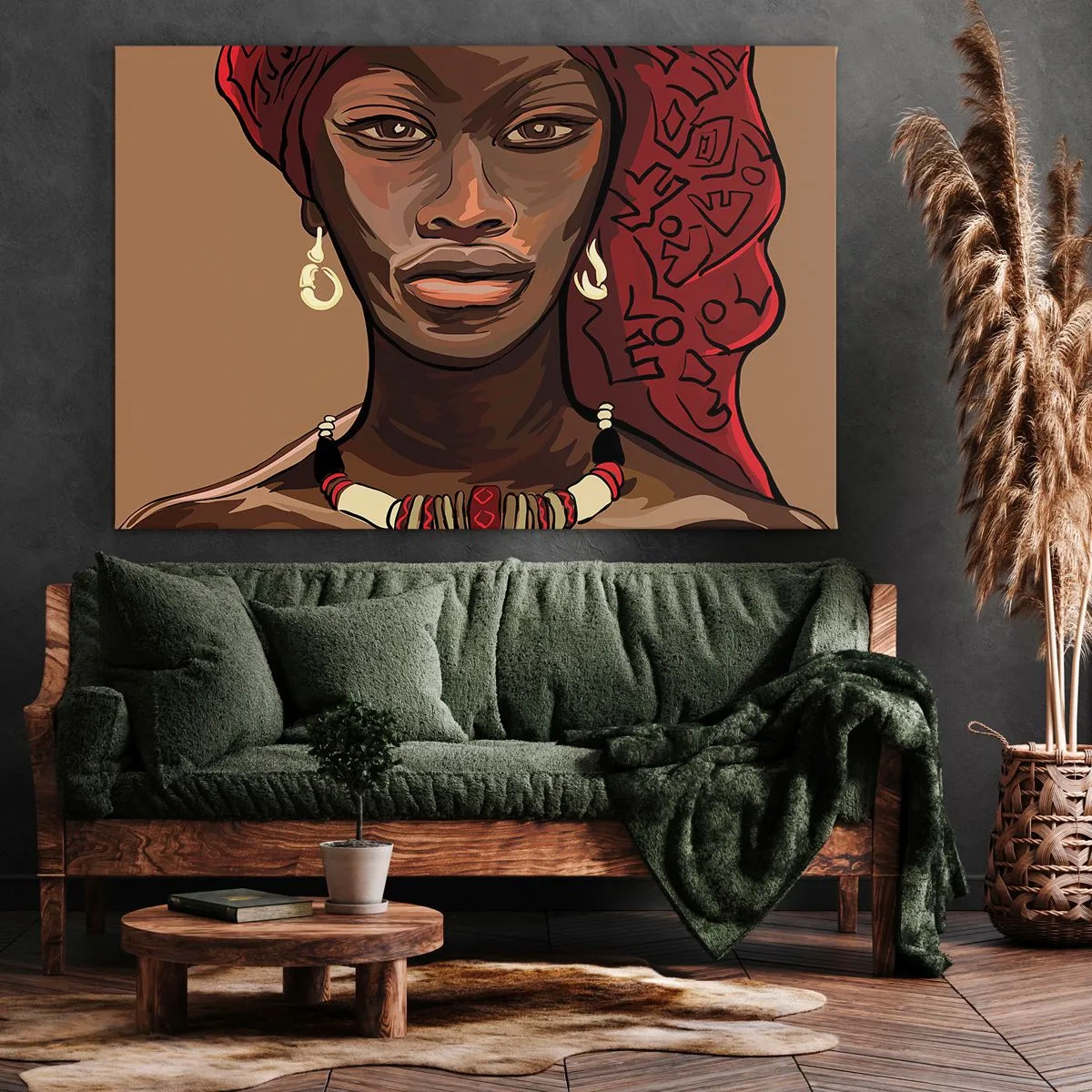 Canvas picture - Portrait of a woman with a red turban on a beige background - 70x50cm - Ebony Venus - Modern wall decoration for the living room and bedroom ARTTOR