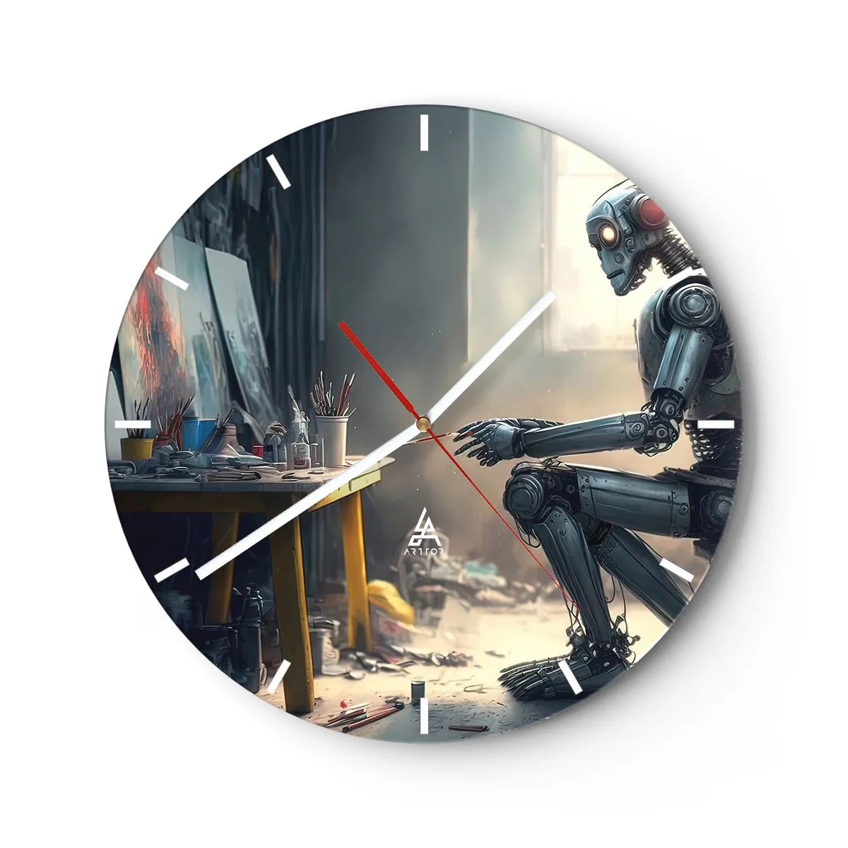 Wall clock - Clock on glass - A robot at a painting table in an art studio - 30x30cm - Act of Creation - Modern wall decoration for the living room, kitchen, and bedroom ARTTOR