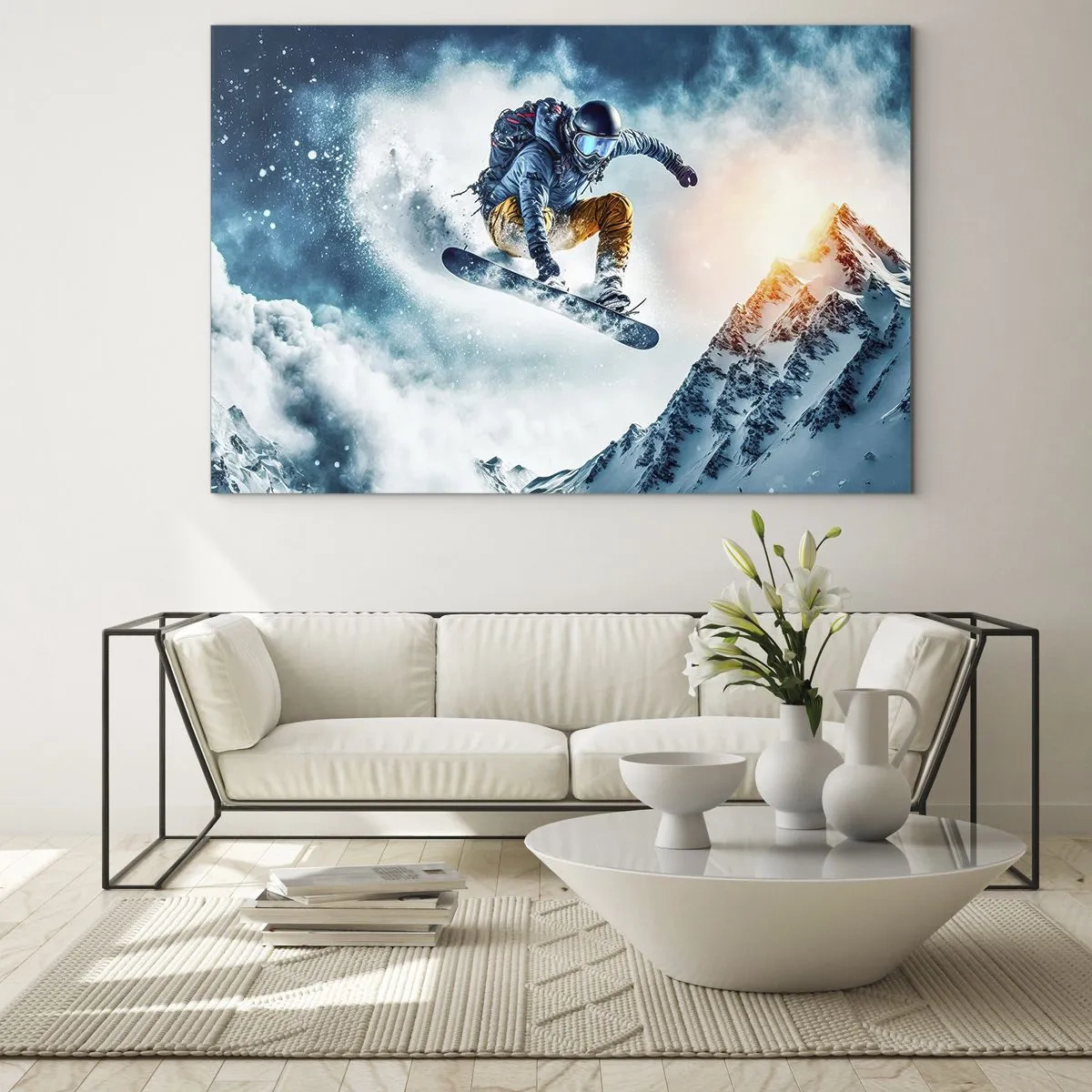 Glass picture - A snowboarder flies over snow-capped mountains - 70x50cm - Extreme Emotions - Modern wall decoration for the living room and bedroom ARTTOR