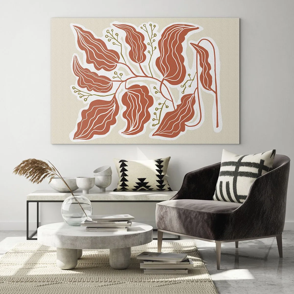 Glass picture - Coral leaves with a folk pattern on a light background - 70x50cm - Folk and Coral - Modern wall decoration for the living room and bedroom ARTTOR
