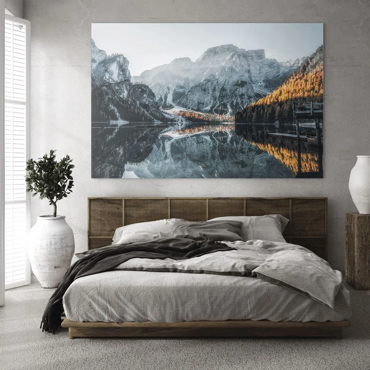 Glass picture - A mountain landscape reflected in the calm surface of the lake - 70x50cm - Mirror Landscape - Modern wall decoration for the living room and bedroom ARTTOR