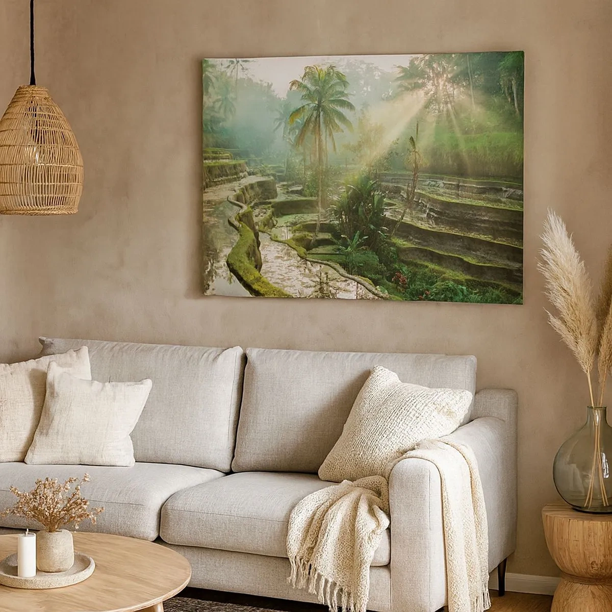 Canvas picture - Rice terraces with palm trees in the sun's rays - 70x50cm - Maturing in the Sun - Modern wall decoration for the living room and bedroom ARTTOR