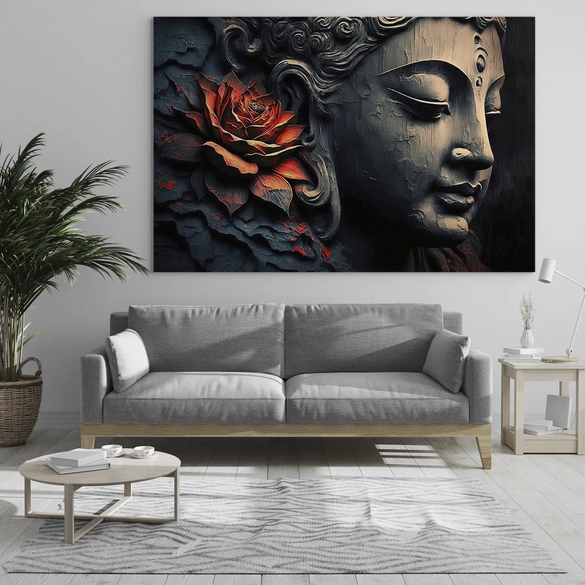 Glass picture - Profile of a meditating figure with a red flower against a dark background. - 70x50cm - In Harmony with the World - Modern wall decoration for the living room and bedroom ARTTOR
