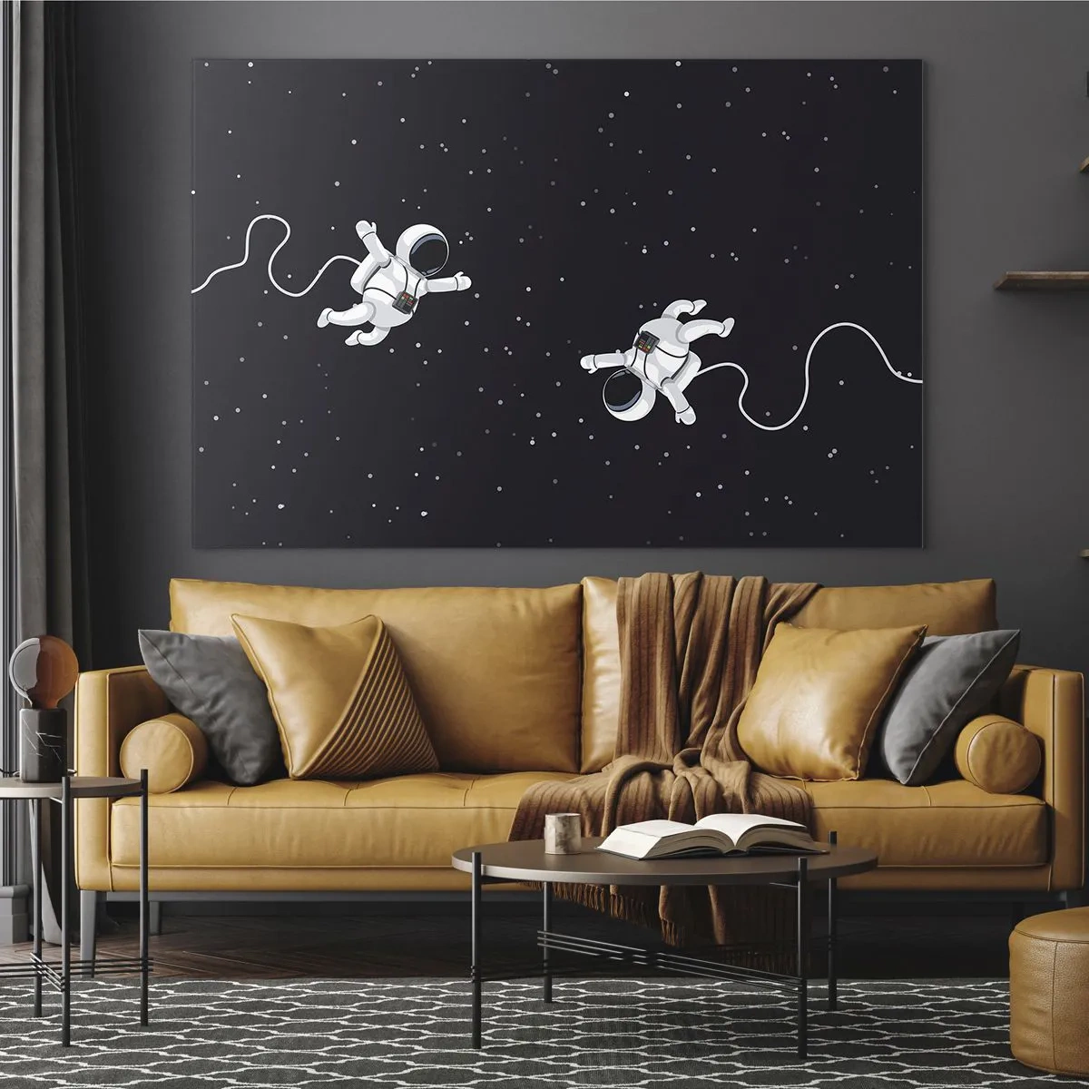 Glass picture - Two astronauts floating in space - 70x50cm - Space Dance - Modern wall decoration for the living room and bedroom ARTTOR