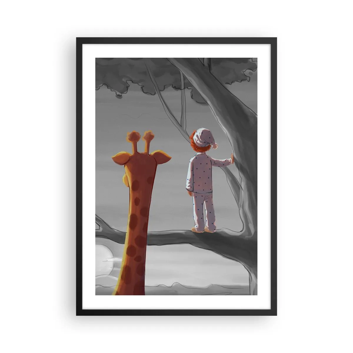 Poster in black frame - A boy in pajamas and a giraffe in a tree in a gray and orange landscape. - 50x70cm - This Is Really Happening - Modern wall decoration for the living room and bedroom ARTTOR