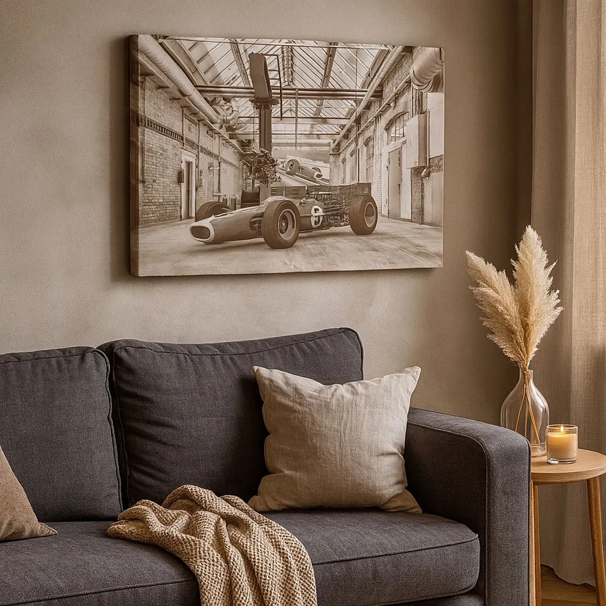 Canvas picture - Black and white racing car in an industrial interior - 70x50cm - Rest of the Winner - Modern wall decoration for the living room and bedroom ARTTOR