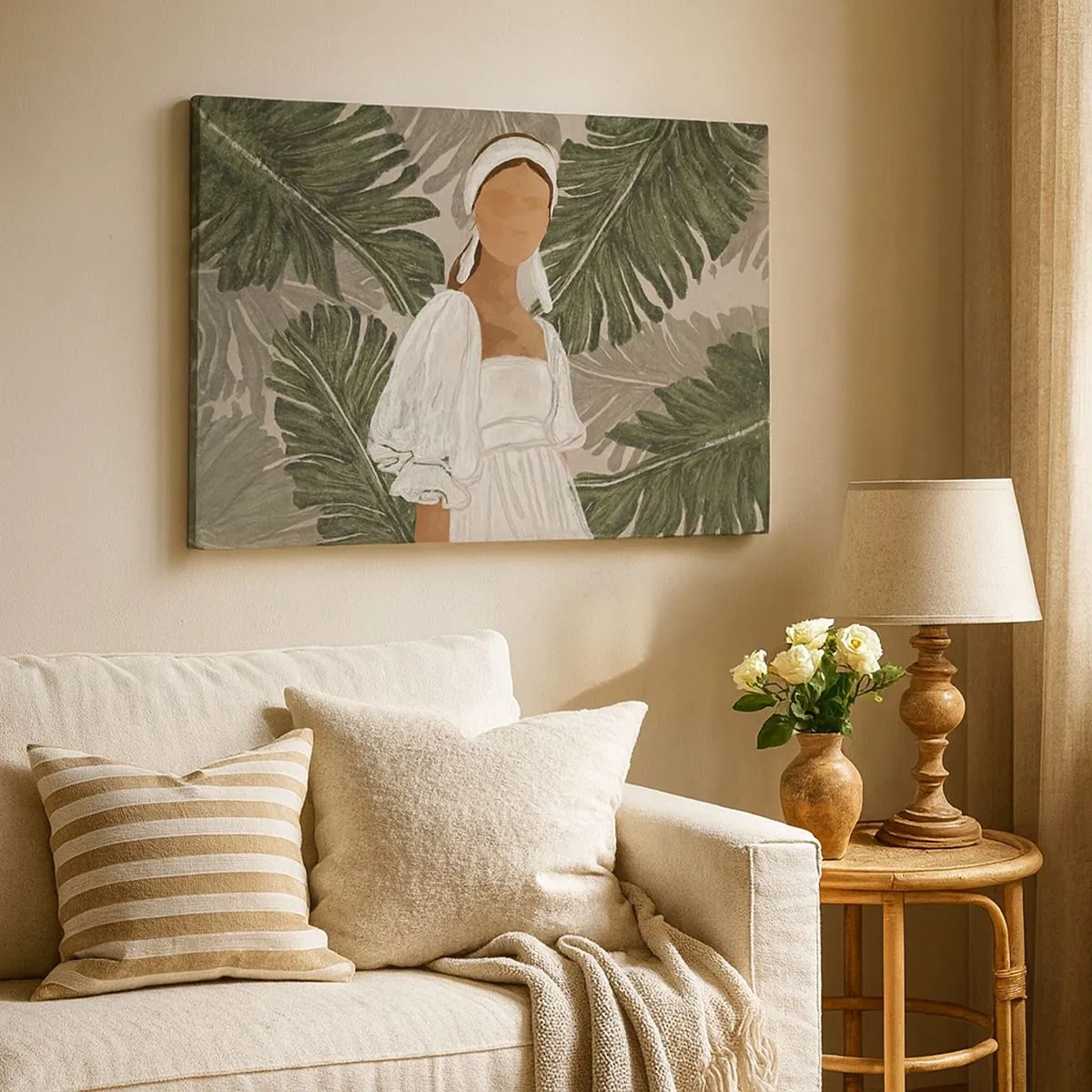 Canvas picture - Portrait of a woman in a white dress against a background of monstera leaves - 70x50cm - Exotic Portrait - Modern wall decoration for the living room and bedroom ARTTOR