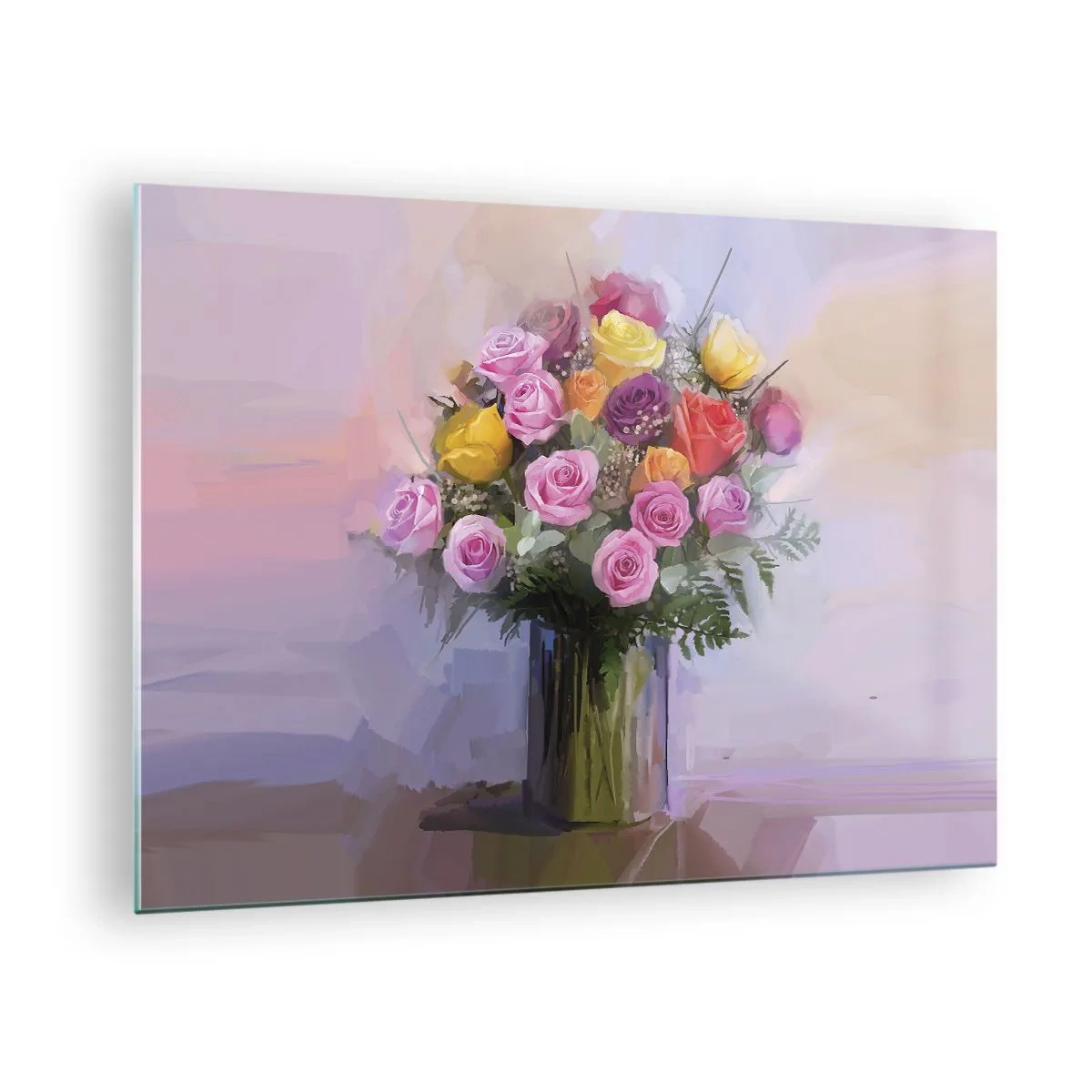 Glass picture - A bouquet of roses in a glass vase on a pastel background - 70x50cm - Retained Beauty - Modern wall decoration for the living room and bedroom ARTTOR