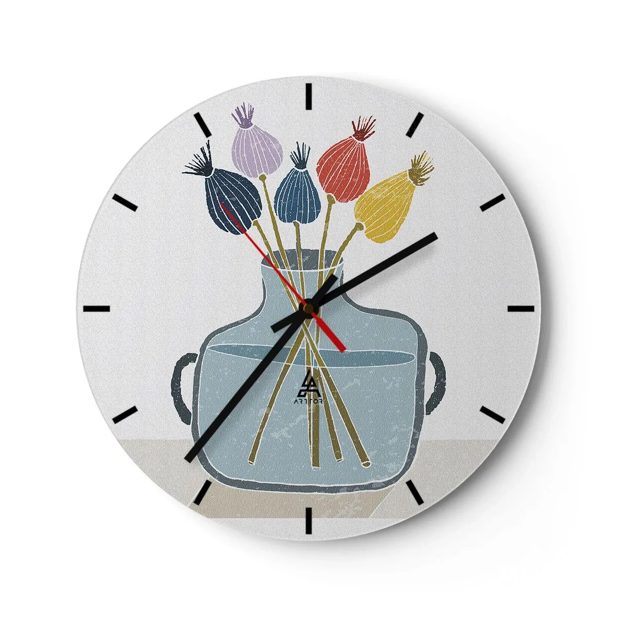 Wall clock - Clock on glass - Decorative artwork with a vase and dry flowers - 30x30cm - As Quiet as Poppies - Modern wall decoration for the living room, kitchen, and bedroom ARTTOR