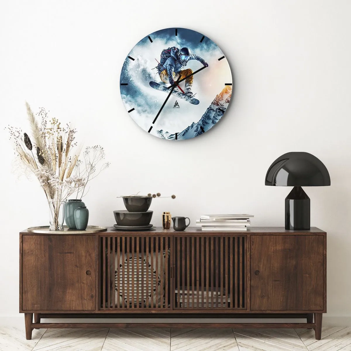 Wall clock - Clock on glass - A snowboarder in flight against the backdrop of mountains and a snowstorm - 30x30cm - Extreme Emotions - Modern wall decoration for the living room, kitchen, and bedroom ARTTOR