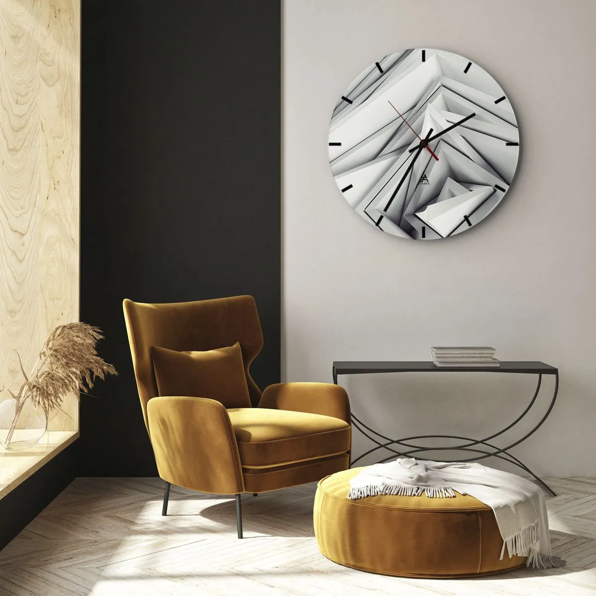 Wall clock - Clock on glass - Geometric, three-dimensional shapes in shades of gray - 30x30cm - Acute Angles Budding - Modern wall decoration for the living room, kitchen, and bedroom ARTTOR