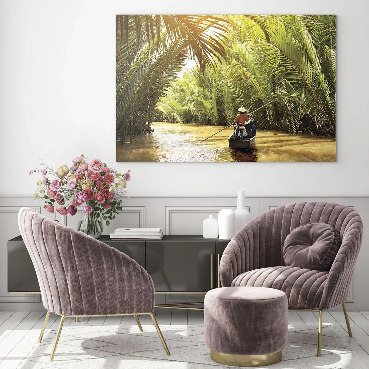 Glass picture - A boat with a man rowing it sails through a palm-fringed gorge - 70x50cm - Through a Palm Ravine - Modern wall decoration for the living room and bedroom ARTTOR