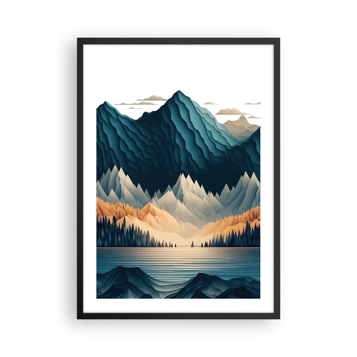 Poster in black frame - Stylized mountain landscape with a lake in shades of blue - 50x70cm - Perfect Mountain Landscape - Modern wall decoration for the living room and bedroom ARTTOR