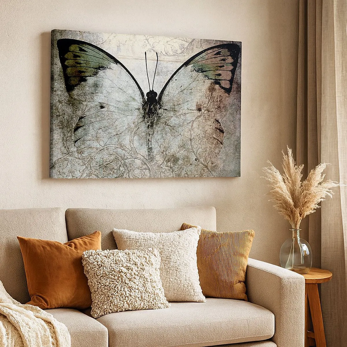 Canvas picture - A butterfly in shades of green and gray on a decorative background - 70x50cm - Secessionist Style - Modern wall decoration for the living room and bedroom ARTTOR