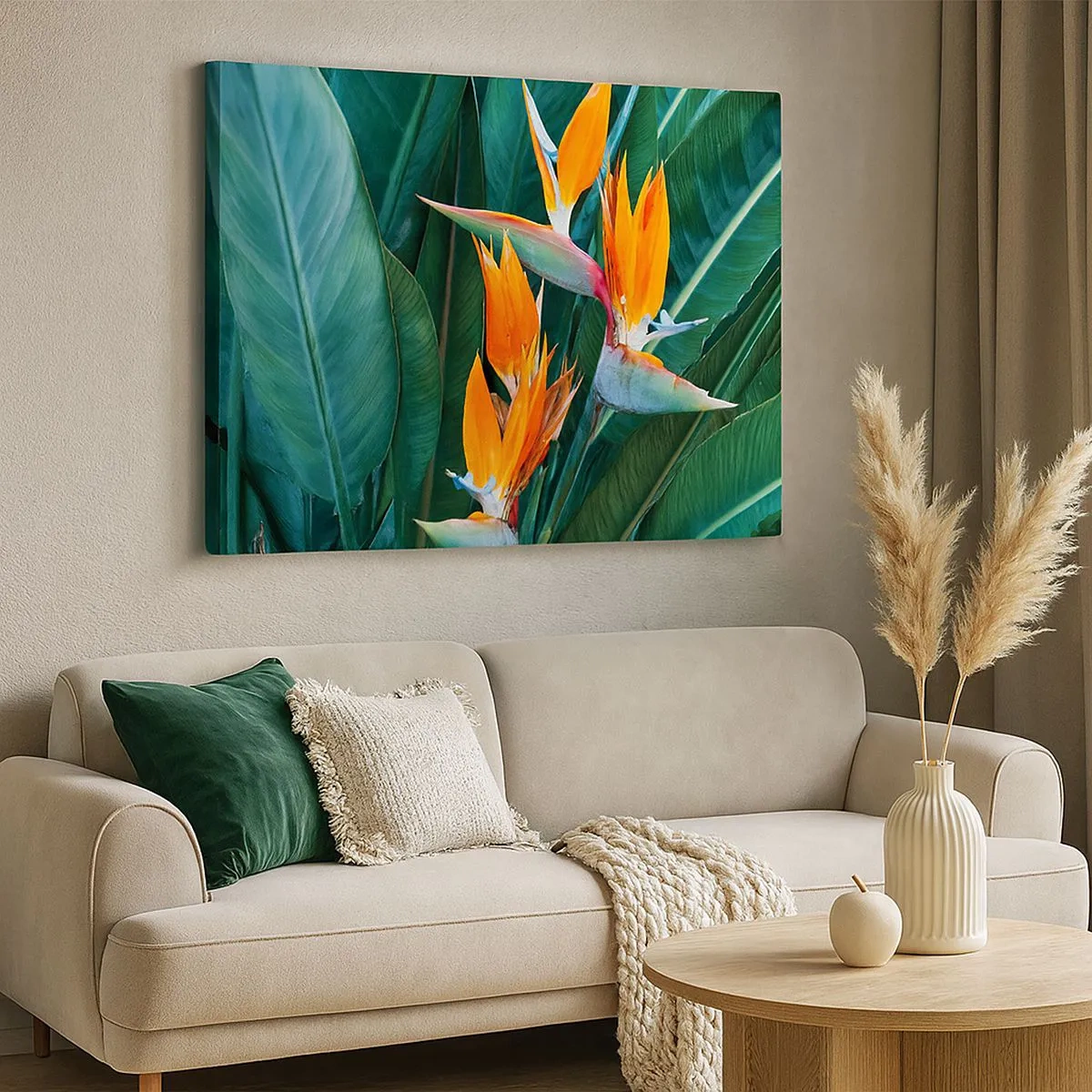 Canvas picture - Exotic strelitzia flowers surrounded by green leaves - 70x50cm - Is It a Flower or a Bird? - Modern wall decoration for the living room and bedroom ARTTOR