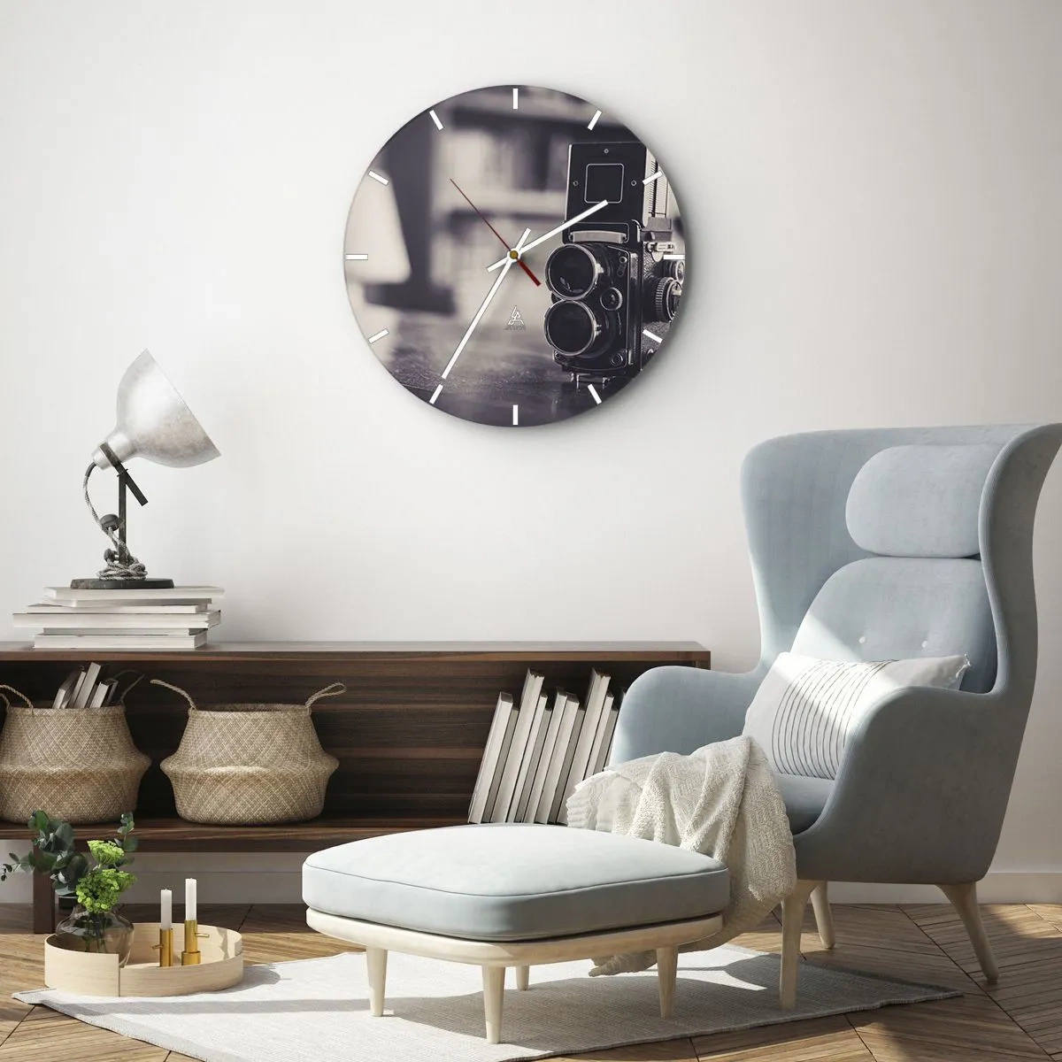 Wall clock - Clock on glass - Old camera on a table in sepia - 30x30cm - Magic of the Old Photograph - Modern wall decoration for the living room, kitchen, and bedroom ARTTOR