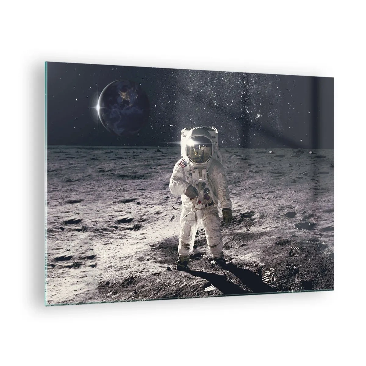 Glass picture - Astronaut on the surface of the Moon with Earth in the background - 70x50cm - Greetings from the Moon - Modern wall decoration for the living room and bedroom ARTTOR