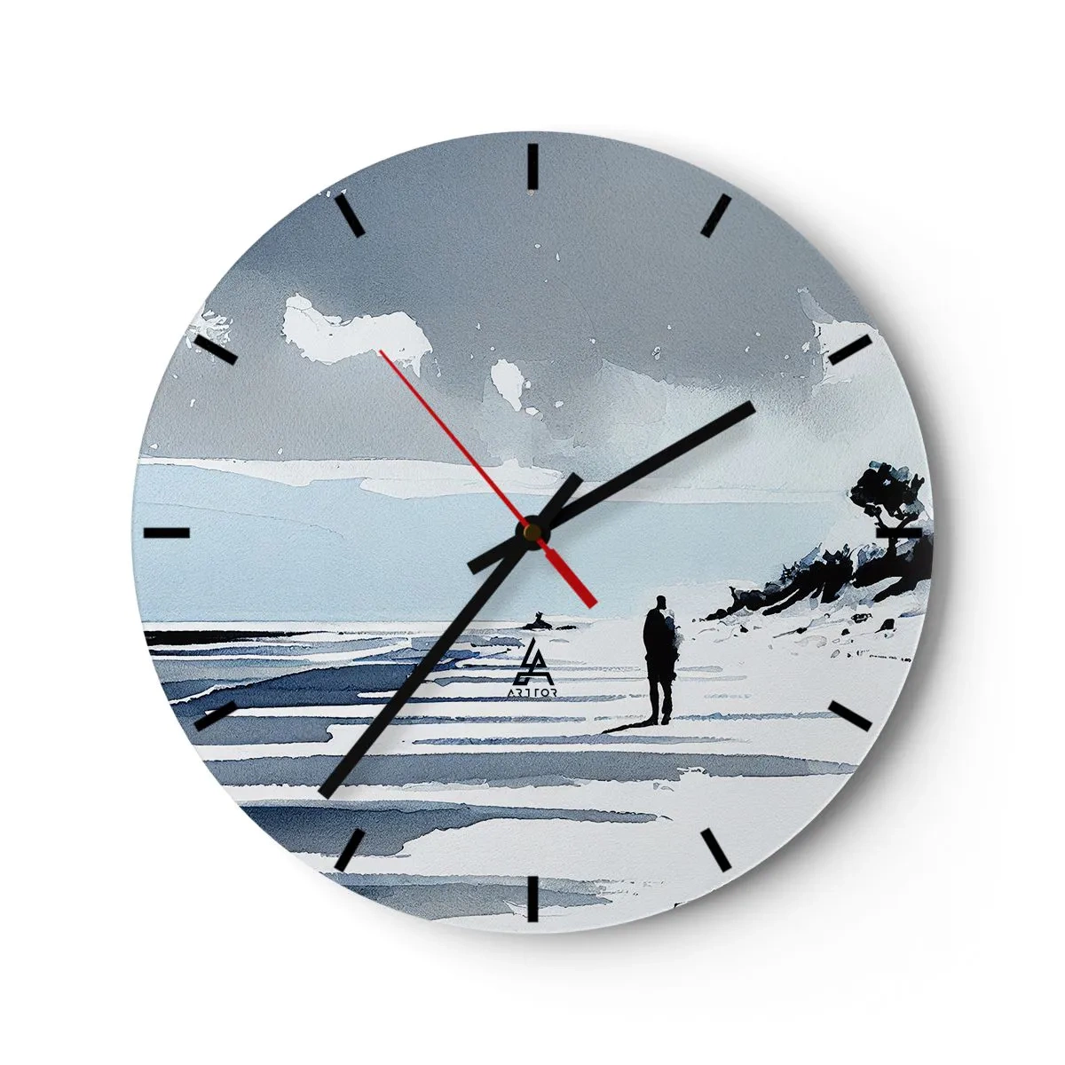 Wall clock - Clock on glass - Silhouette of a person walking alone on the beach in gray and blue tones - 30x30cm - All Alone - Modern wall decoration for the living room, kitchen, and bedroom ARTTOR