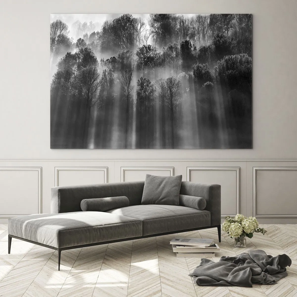 Glass picture - Black and white rays of light penetrating the forest - 70x50cm - In the Streams of Light - Modern wall decoration for the living room and bedroom ARTTOR