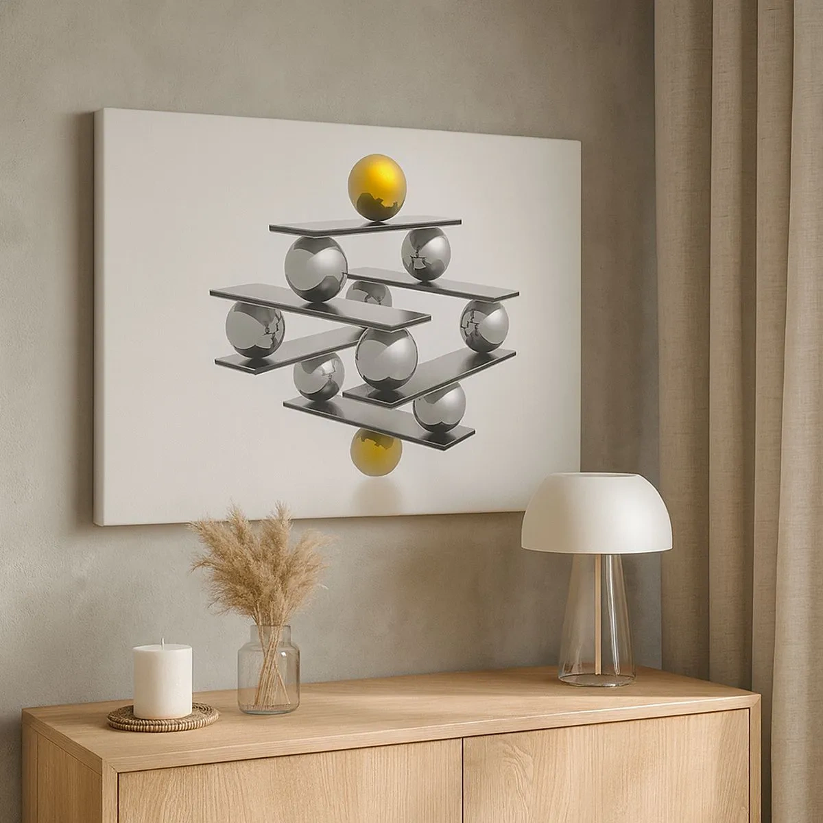 Canvas picture - Geometric composition with metal balls and a gold accent - 70x50cm - Gold-Silver Balance - Modern wall decoration for the living room and bedroom ARTTOR