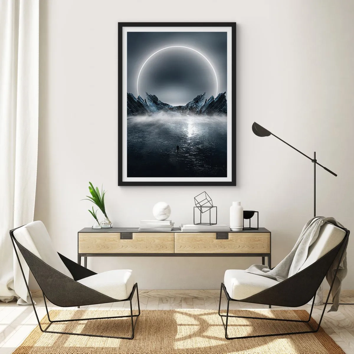 Poster in black frame - A mysterious landscape with a bright circle in the sky - 50x70cm - The End of a Story - Modern wall decoration for the living room and bedroom ARTTOR
