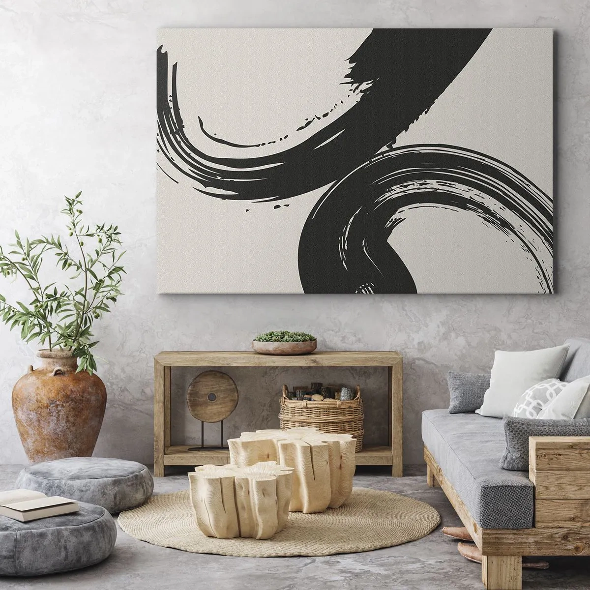 Canvas picture - Dynamic brushstrokes in black on a light background - 70x50cm - With Big Circural Strokes - Modern wall decoration for the living room and bedroom ARTTOR