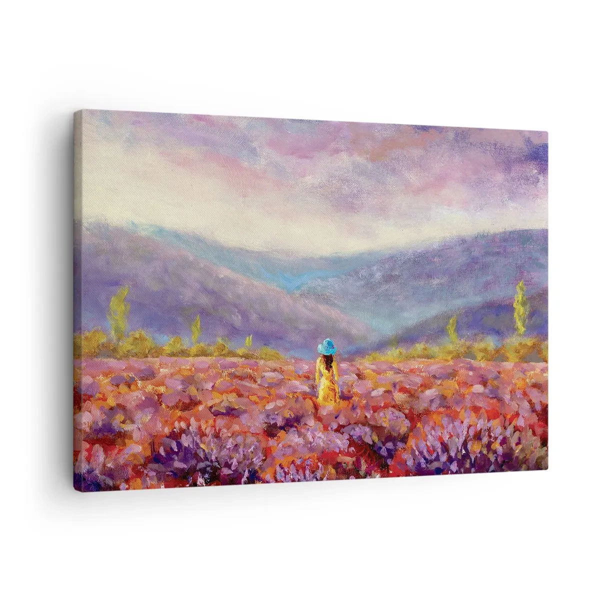 Canvas picture - A woman wearing a hat walking through a lavender field. - 70x50cm - In Lavendar World - Modern wall decoration for the living room and bedroom ARTTOR