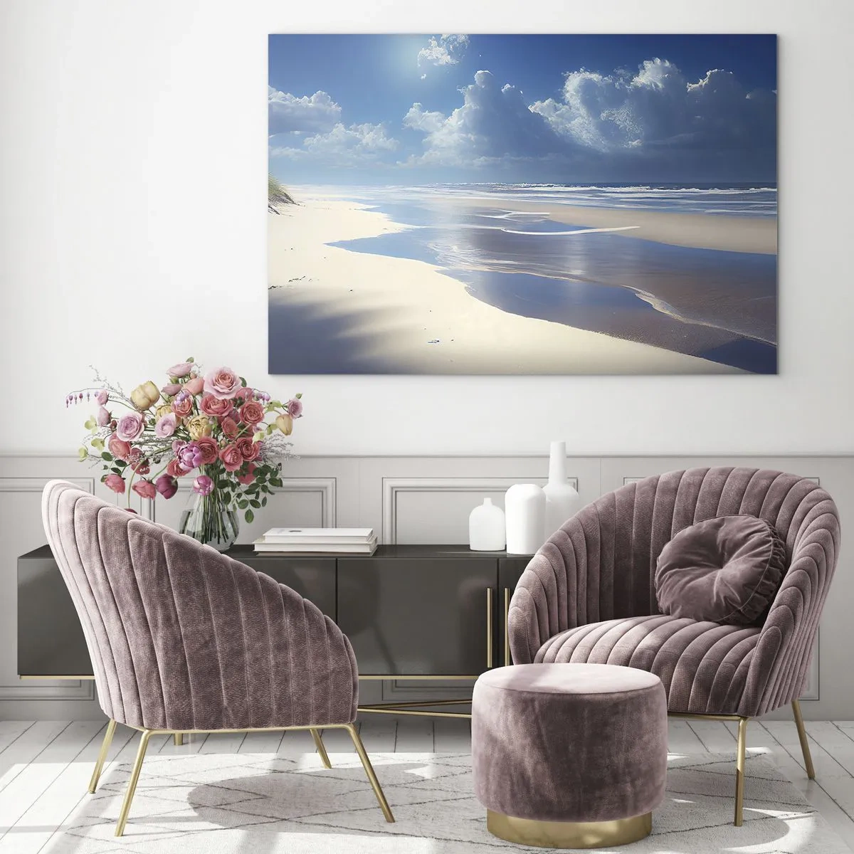 Glass picture - A wide, sandy beach and calm waves under a blue sky - 70x50cm - Paradise Holiday - Modern wall decoration for the living room and bedroom ARTTOR
